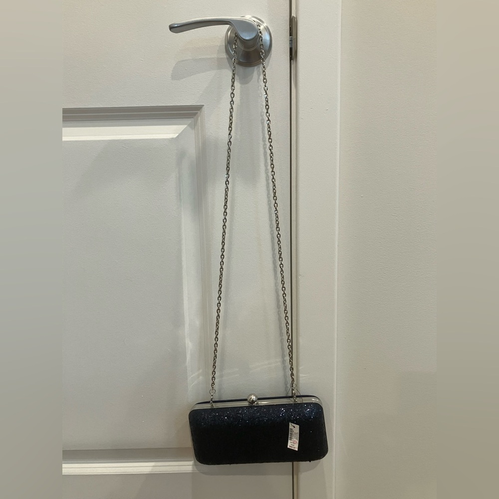 White House Black Market Midnight Clutch with Silver Chain